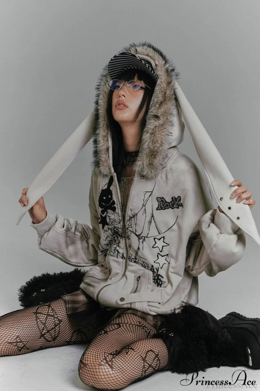 Y2K Fleece Collar Bunny Ear Print Hoodie