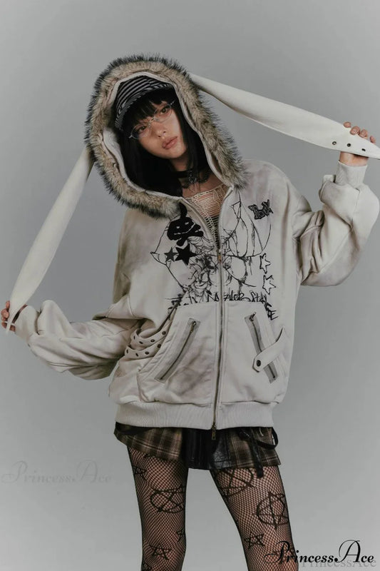 Y2K Fleece Collar Bunny Ear Print Hoodie