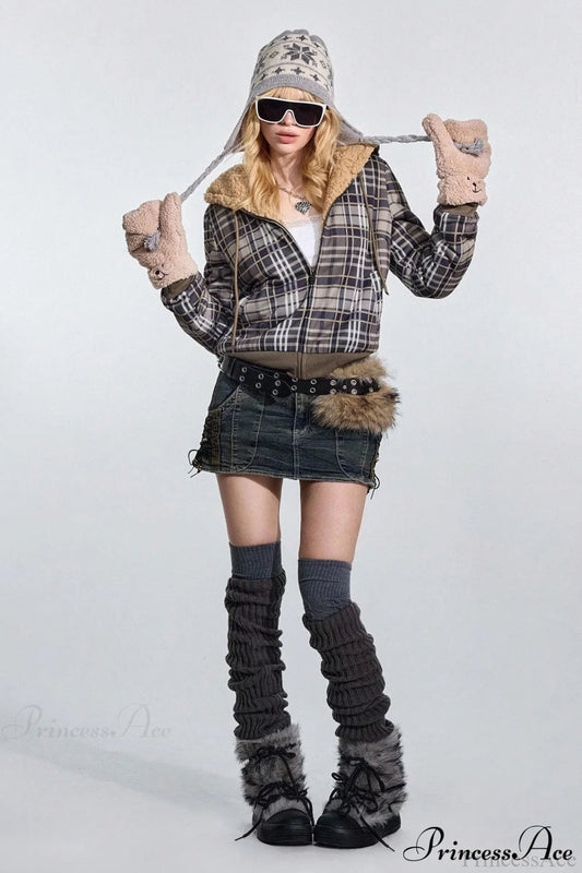 Y2K Plaid Sherpa Fleece Hoodie