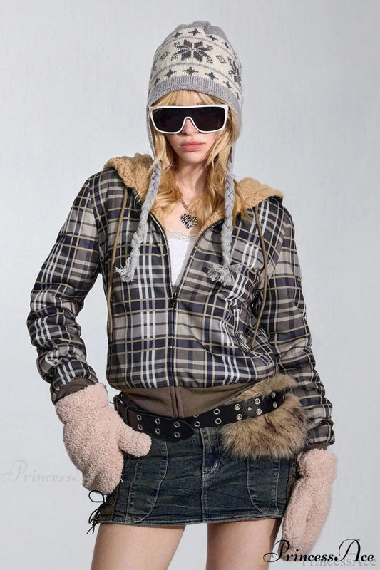 Y2K Plaid Sherpa Fleece Hoodie