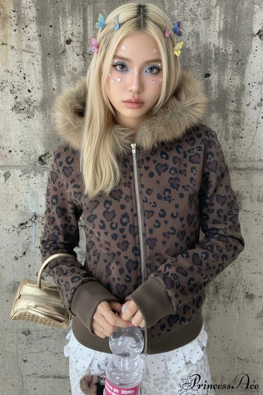 Y2K Sexy Leopard Print Fleece Zipper Hoodie