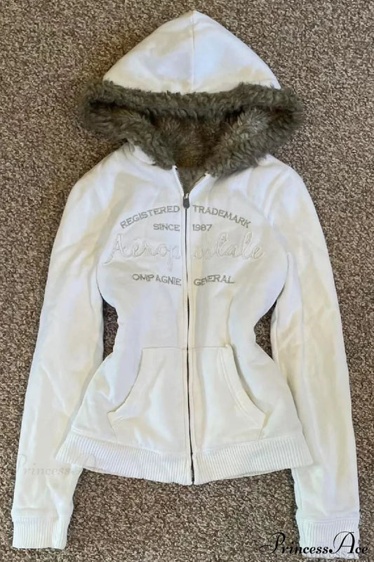 Y2K Solid Fleece Embroidered Letter Zip Hoodie