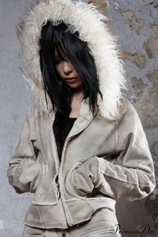 Y2k Street Vibe Color-Block Big Fur Hood Zip-Up Hoodie