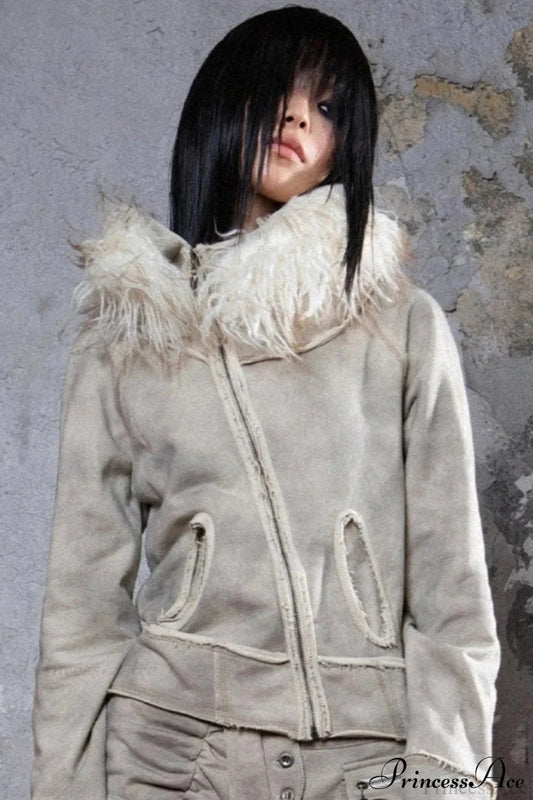 Y2k Street Vibe Color-Block Big Fur Hood Zip-Up Hoodie