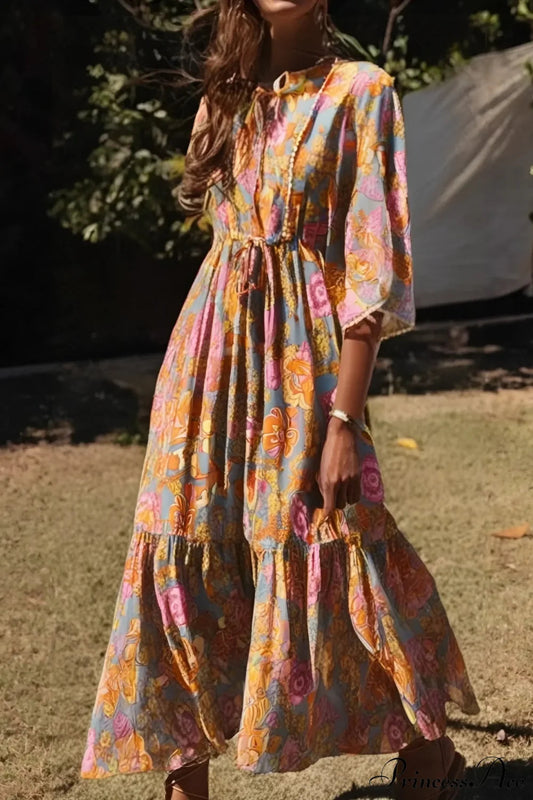 Yellow Floral Print Batwing Sleeve Beach Summer Maxi Boho Dress