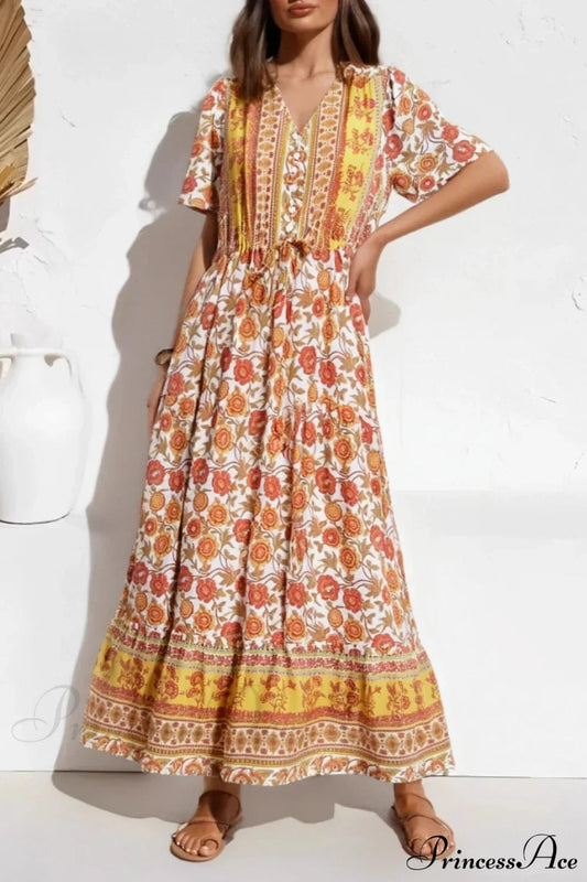 Yellow Floral Print Ruffle Sleeve Pleated Summer Maxi Boho Dress