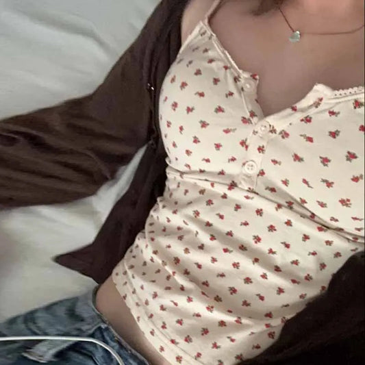 Cute Floral Print Button-Up O Neck Crop Top