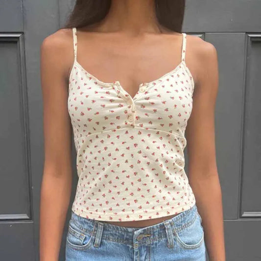 Cute Floral Print Button-Up O Neck Crop Top