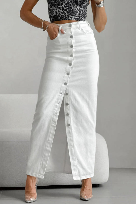 Button-Front Denim Maxi Skirt