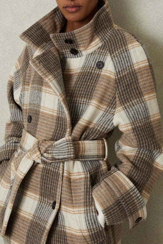Vintage Plaid Belted Wool Coat