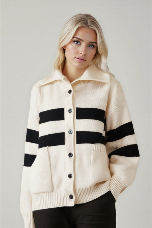 Color Block Stripe Turtleneck Loose Plshop Size Knit Cardigan