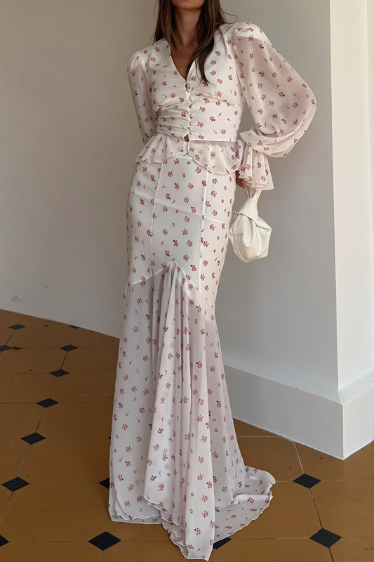 Sexy Chiffon V Neck Ruffle Sleeve Bodycon Skirt Sets