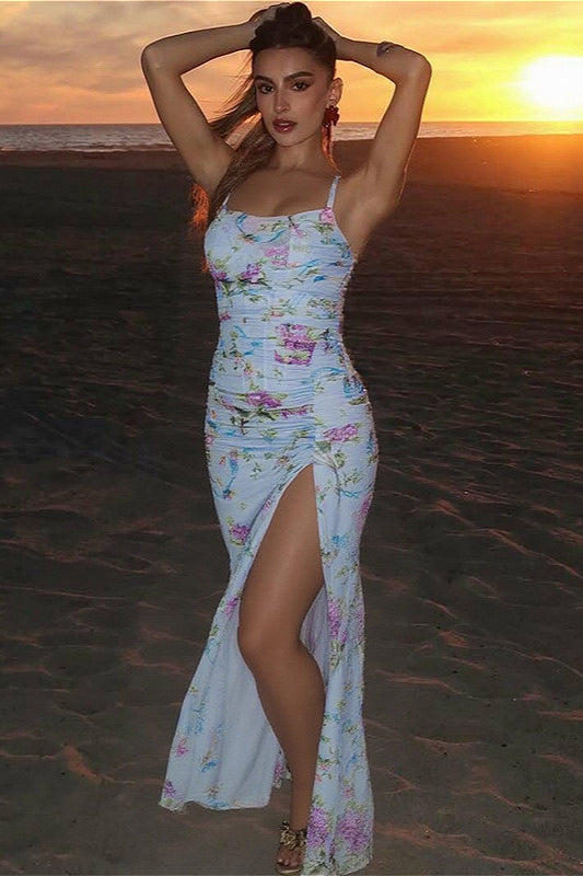 Ruched Split Spaghetti Strap Backless Floral Dress