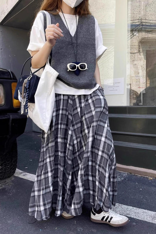 Vintage High-Waist Plaid Flared Skirt
