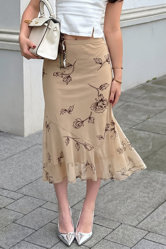 Khaki Floral Mesh Fishtail Midi Skirt
