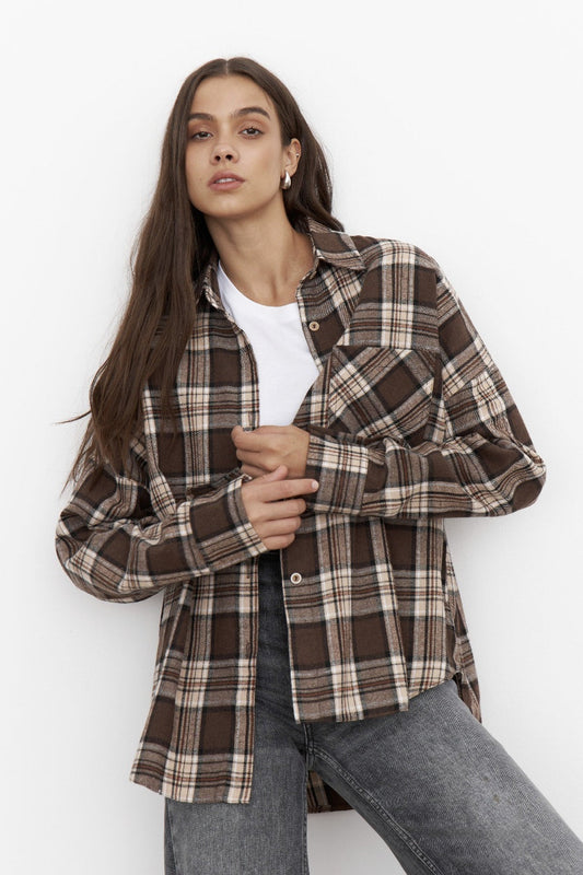 Collared Plaid Pocket Long Sleeve Shirt Bloshope