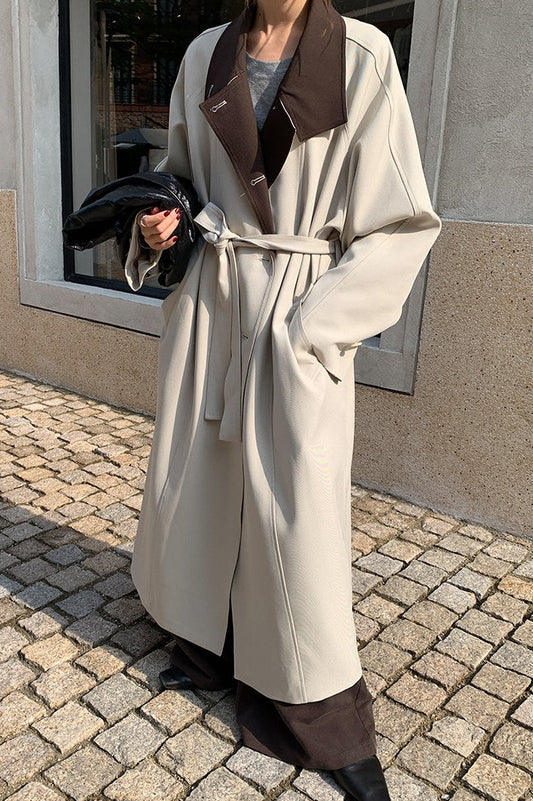 THE MIND British Style Contrast-Collar Long Overcoat