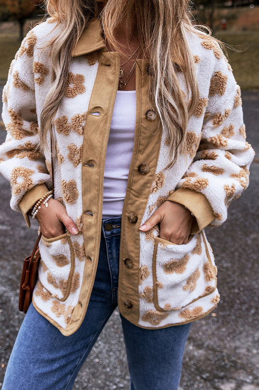 Leopard Print Fleece Lapel Long Sleeve Coat