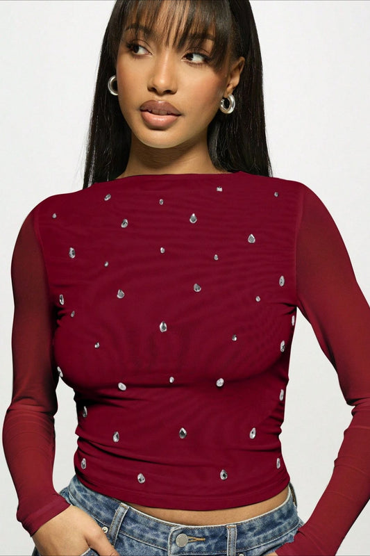 Double Layer Tulle Rhinestone Chic Long Sleeve Tee