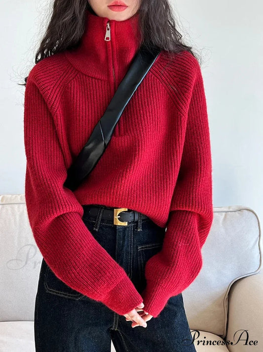 100% Cashmere Semi-TurtleNeck Loose Thick Red Knit Christmas Sweater
