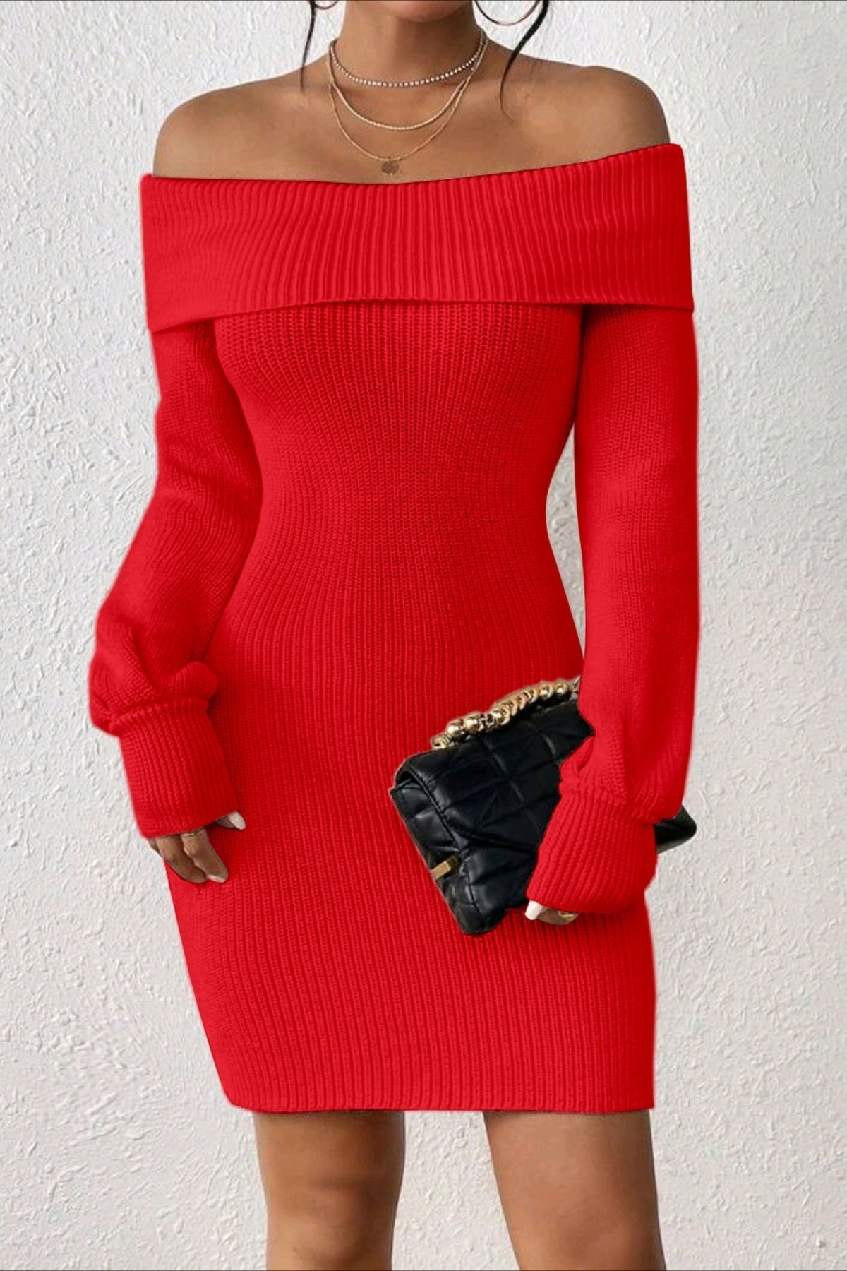 Long Sleeve Off Shoulder Slim Fit Knit Sweater Dress S / Red