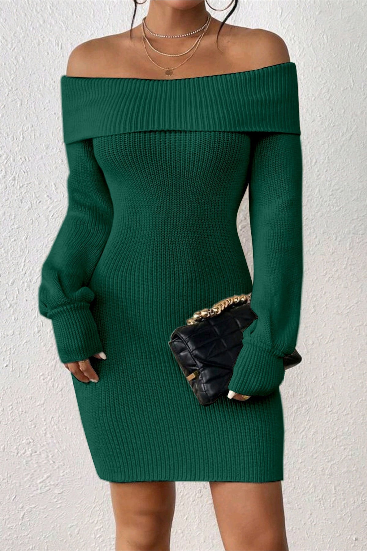 Long Sleeve Off Shoulder Slim Fit Knit Sweater Dress