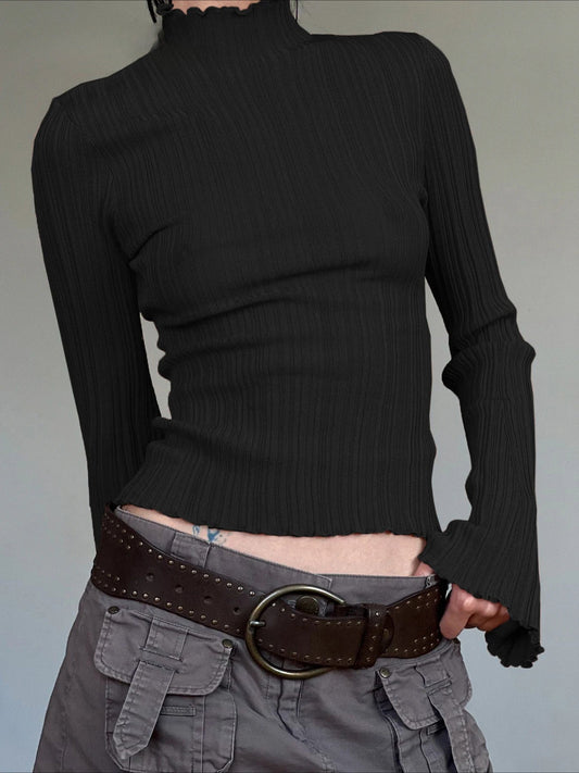 Solid Turtleneck Slim Flare Sleeve Long Sleeve Knit Top