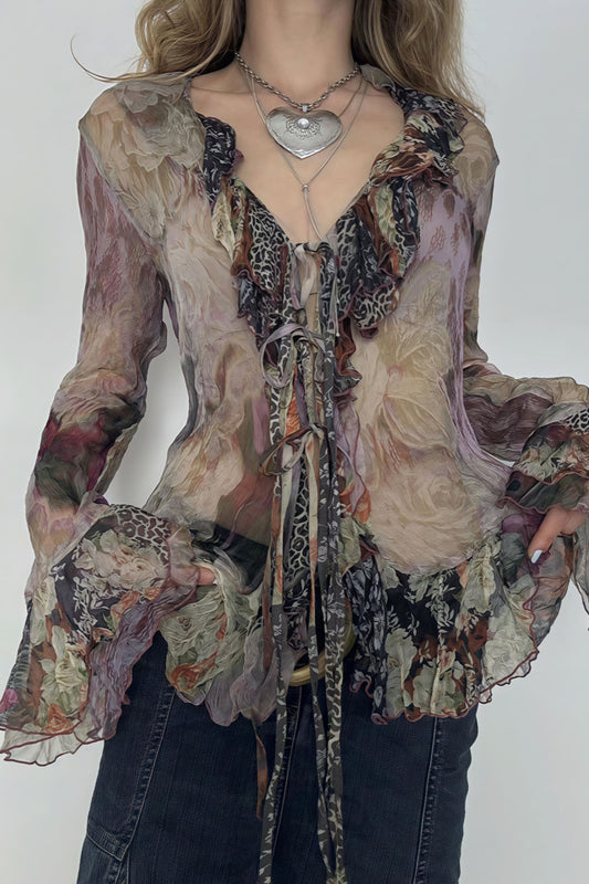 Tie Dye Mesh Ruffle Flare Sleeve Blouse