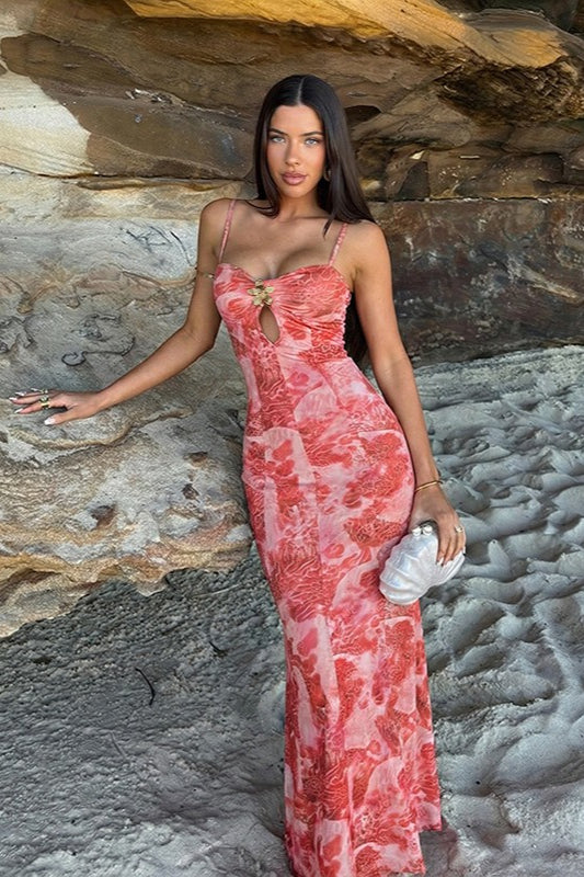 Beach Halter Print Cut Out Stretchy Maxi Dress