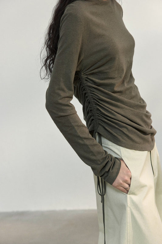 Fitted Textured Pleated Cotton Linen Knit Sweater