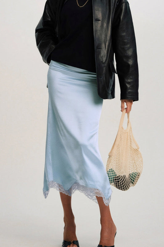 Lace Trim Asymmetric Midi Skirt