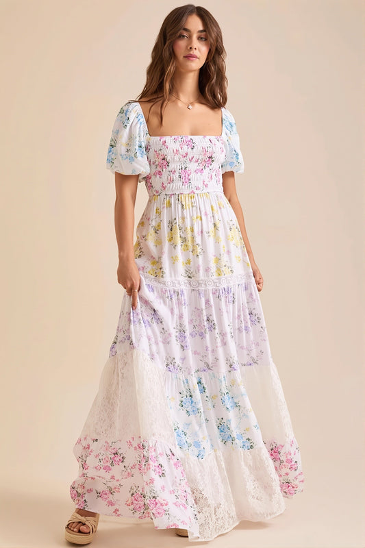 Lace Splice Floral Printed Boho Dress