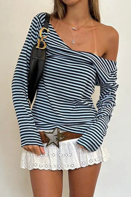 Color Block Striped V Neck Loose Knit Long Sleeve Bloshope