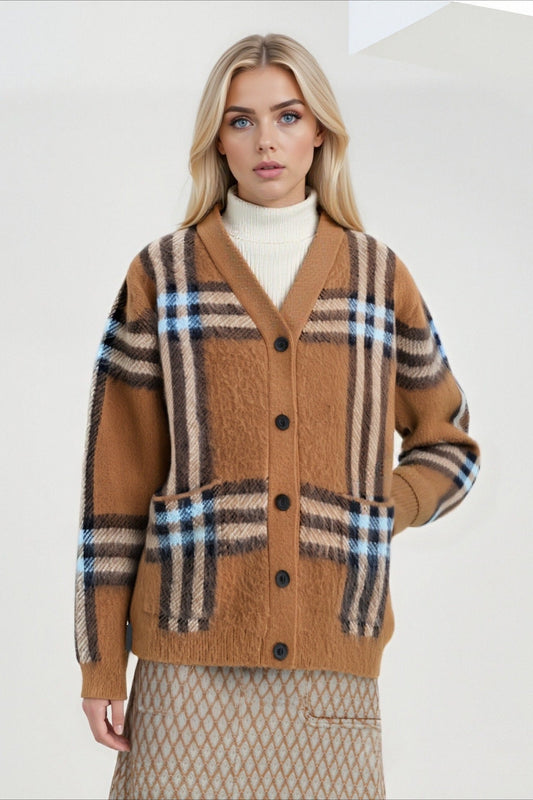 Plaid Retro Loose Plshop Size V Neck Knit Cardigan