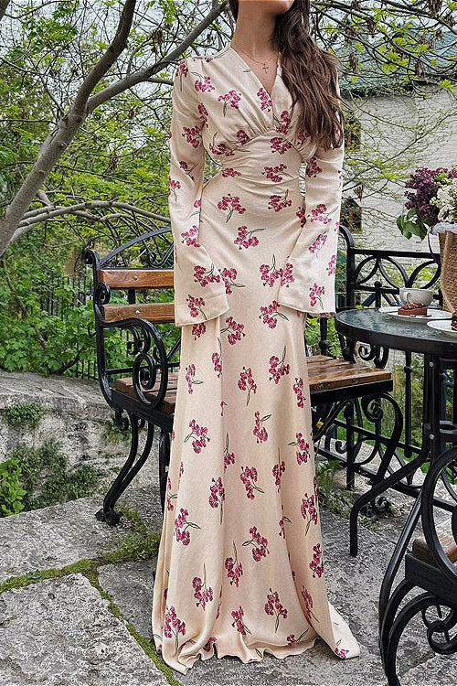 Satin V Neck Long Sleeve Tie Waist Elegant Maxi Floral Dress