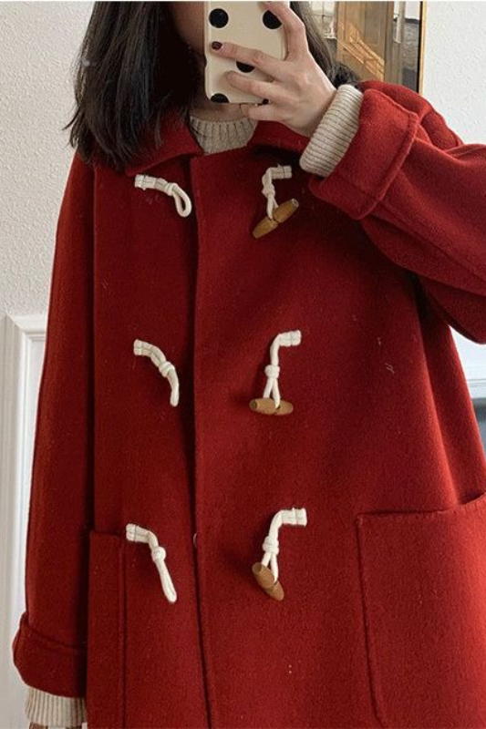 Petite Red Thickened Wool Horn Button Overcoat