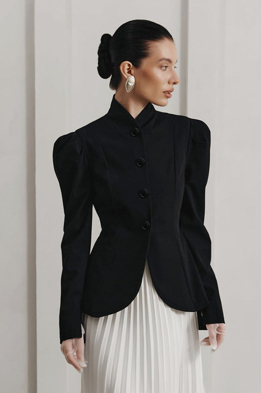 French Elegant Stand Collar Puff Sleeve Blazer