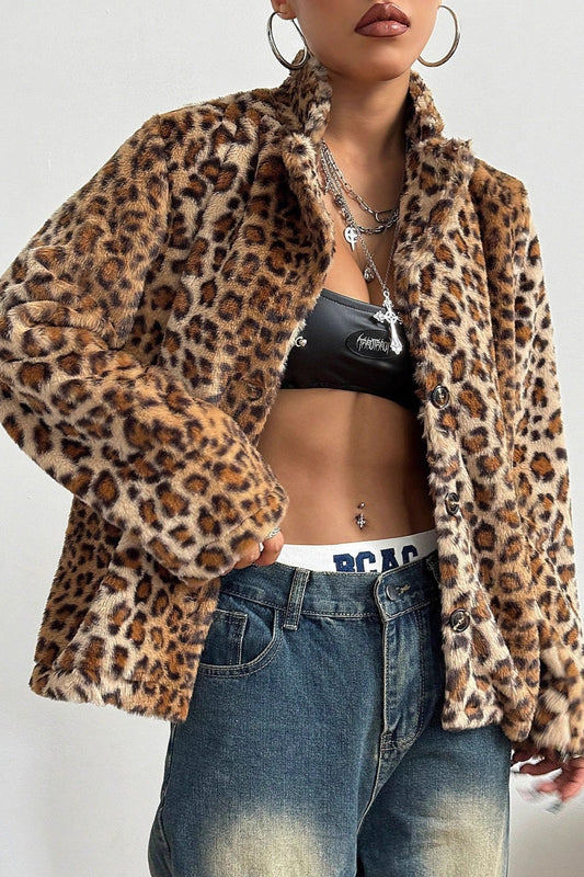 Leopard Print Button Up Thick Coat