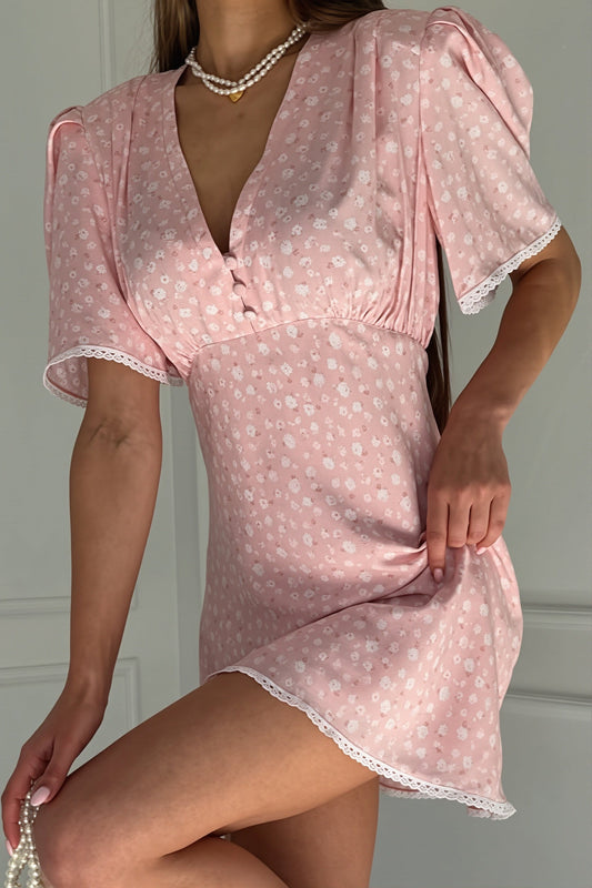 Floral V Neck Tea Length A Line Mini Dress