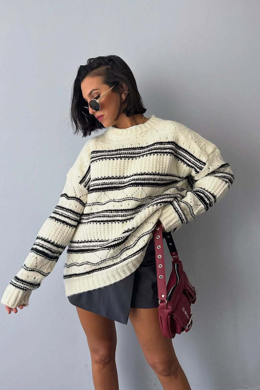 Thick Striped Knit Vintage Crew Neck Sweater