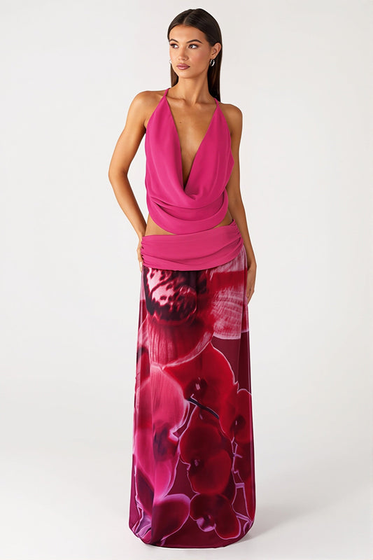 Draped Halter Floral Maxi Skirt Set