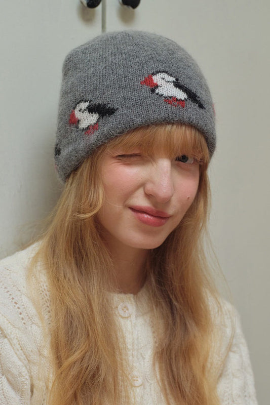 Rabbit Hair Blend Bird Pattern Color Block Knitted Hat