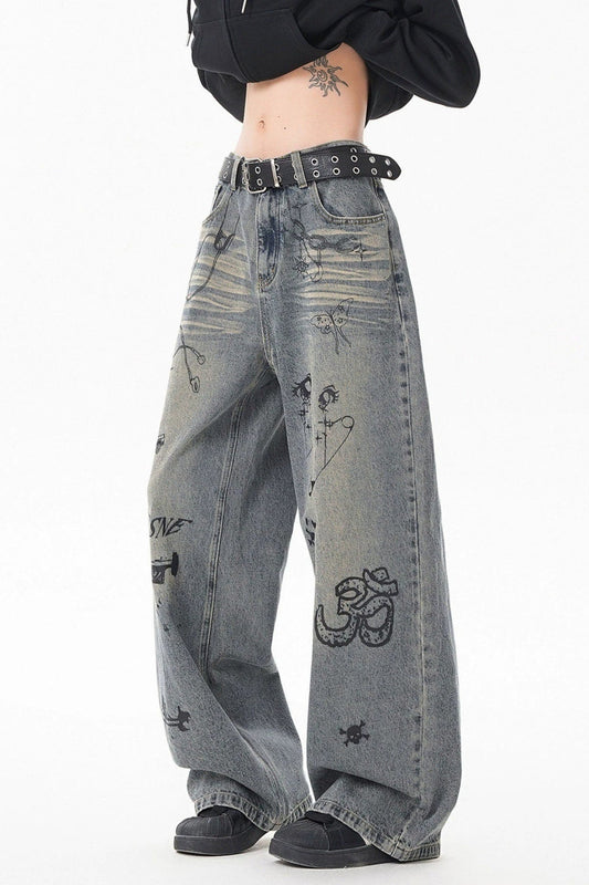 Washed Graffiti Wide Leg Jeans
