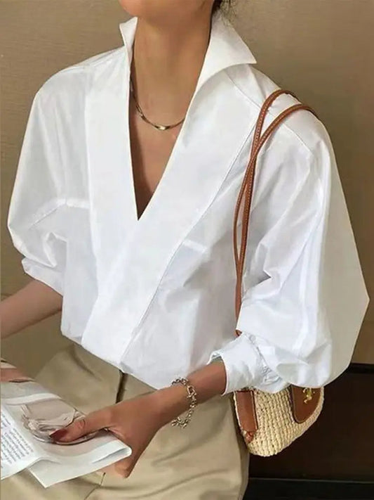 Chic V Neck Puff Sleeve White Bloshope