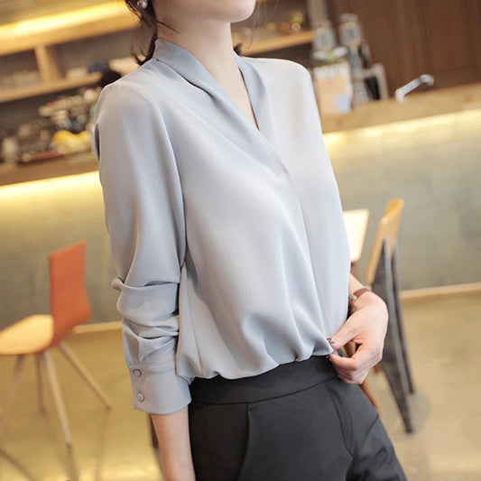 Korean Style V-neck Loose Chiffon Office Bloshope