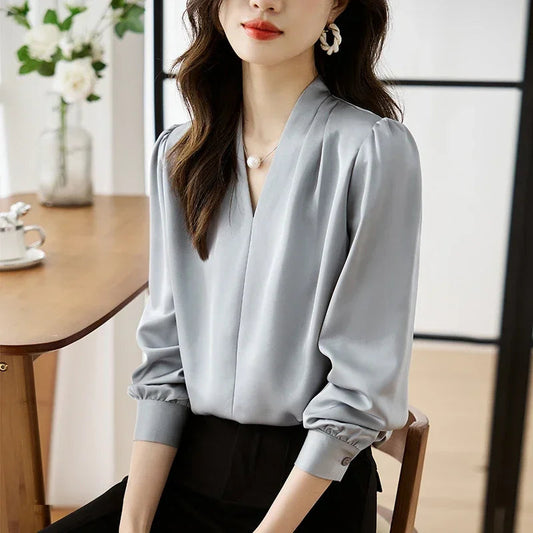Satin Chiffon V-neck Soft Casual Bloshope for Office