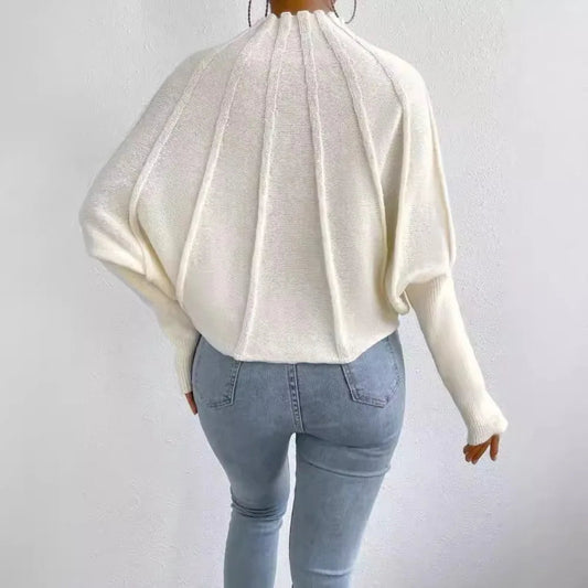 Solid Round Neck Batball Sleeve Loose Sweater