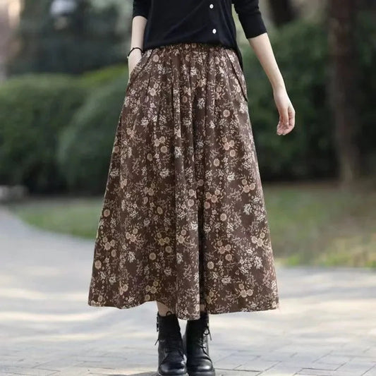 Cotton Retro Printed Mid-Long Loose Skirt