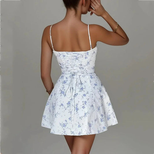 Flower Ruched Bow Back Slim Waist Mini Dress