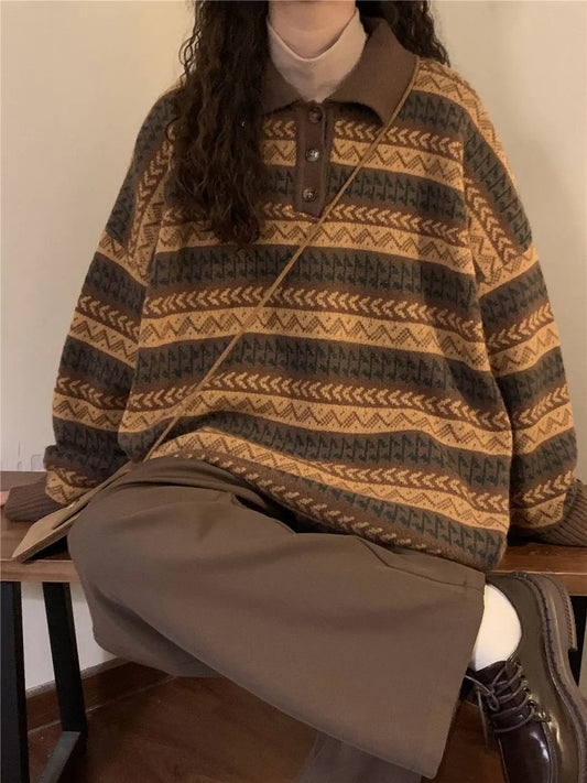 Retro Lazy Style Striped Loose Sweater